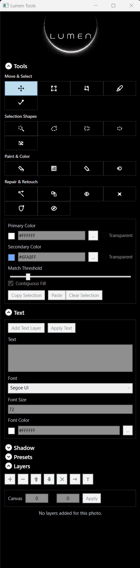 Lumen retouch tools panel